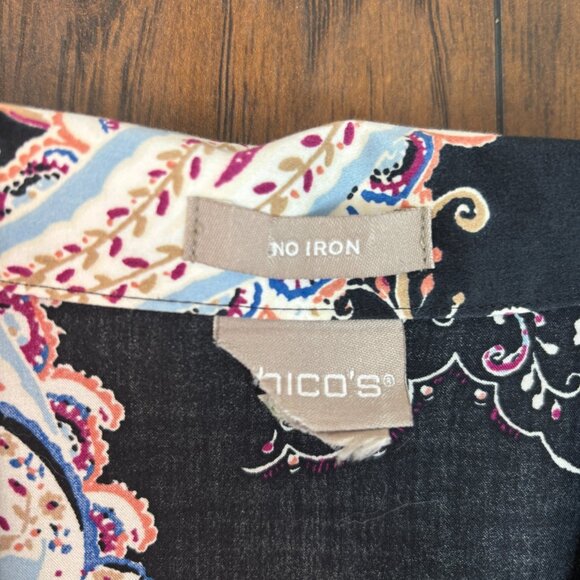 Chico's Shirt 3 Women's XL Black Paisley Button-Front Top Long Sleeves Cotton - Picture 10 of 11